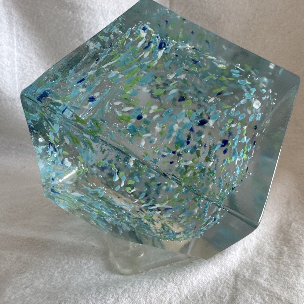 Confetti Art Glass 3D Large Cube Sculpture Paperweight Swirled Cut Corner 4"
